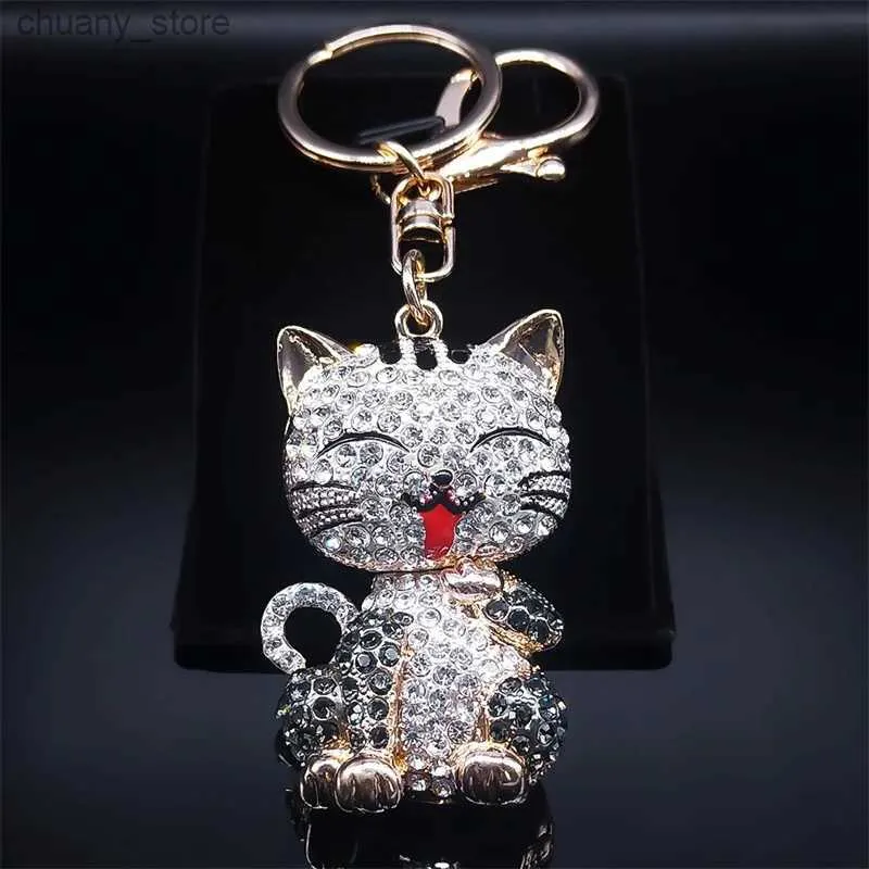 Keychains Lanyards Cartoon Cat Keychain Rhinestone Gold Color Cute Kitty Keyring Holder Creative Gift Fashion Jewelry llaveros para mujer Y240417