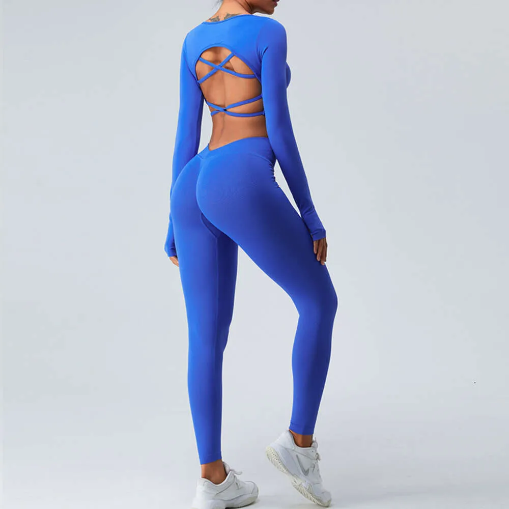 女性用の長袖、クロス型の背中、V-Waist Peach Yoga Pants、Sports and Fiess Suit Set F41789