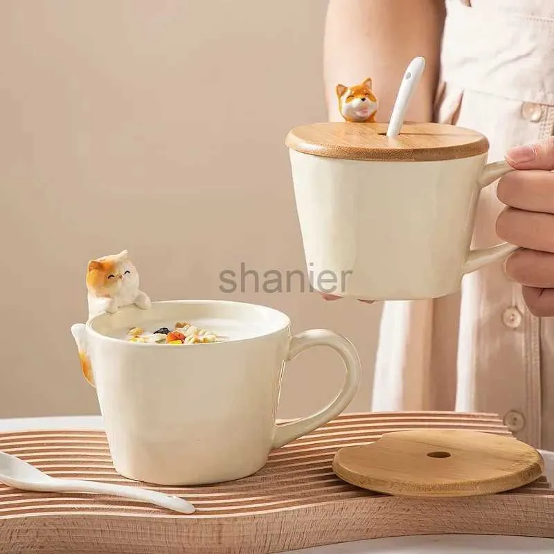 Mugs European Cartoon Tea Dog Cat Ceramic Mug Birthday Gift Porcelain Dessert Milk Cup Cute Kids Water Cup Couple Mug Home Decoration 240417