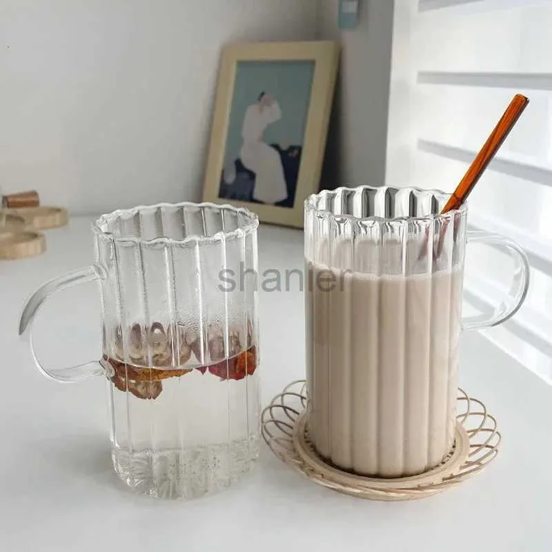 Mokken streep glazen koffiemokken grote capaciteit tumbler melksap waterbeker met handvat transparant mug dessert ontbijtbeker drinkware 240417