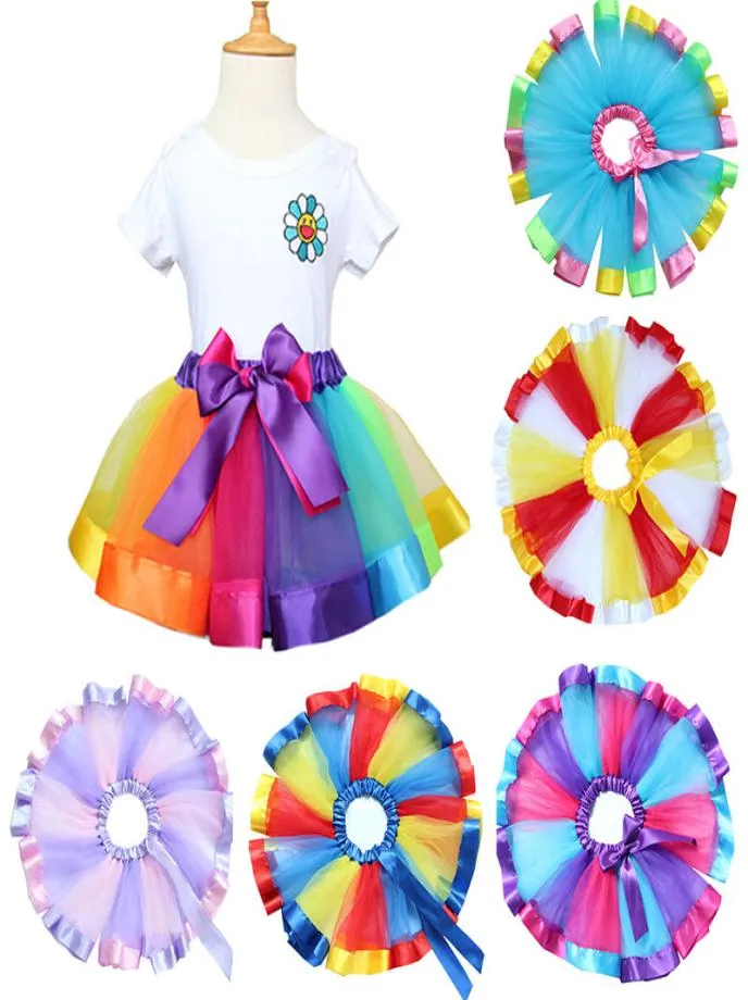 7colors Rainbow Color Girls Tutu Skirts New Ribbon Bowknot Children Princess Dance Skirt Performace Festival Party Kids Skirts GC52260686