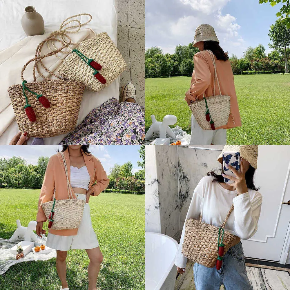 ビーチバッグレディース女性の夏の田舎のスタイルの手作り草のファッションワンショルダークロスボディのための大容量休暇織りバッグ