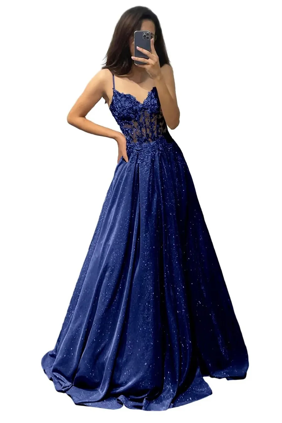 a line spaghetti straps navy prom dress with appliques Chic A-line Spaghetti Straps Dark Navy Long Prom Dresses Sequins Eveni –  SELINADRESS main image 1