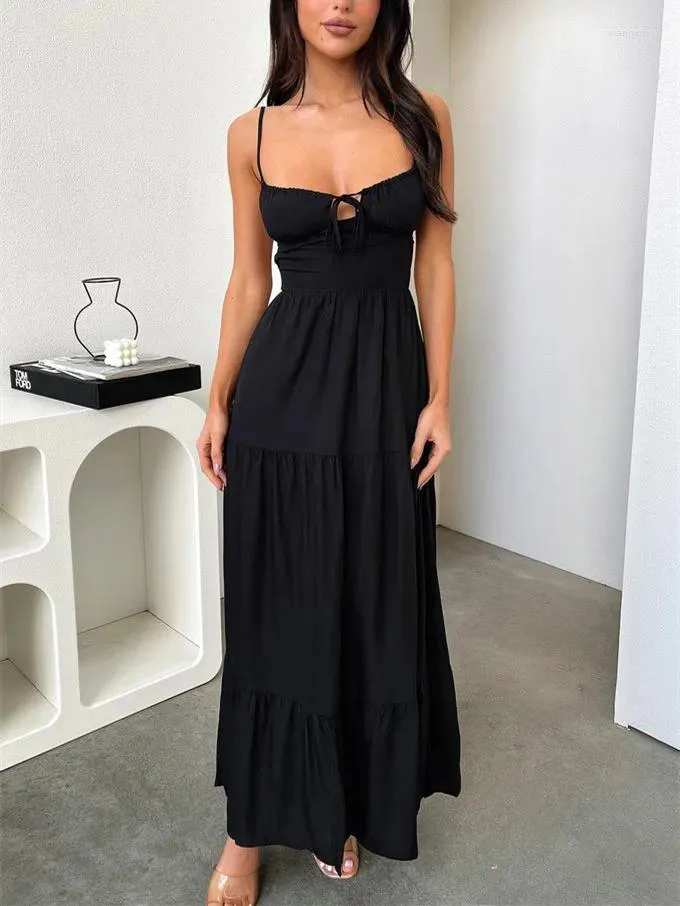 Casual Dresses Women Y2k Bodycon Long Dress Spaghetti Strap Tie Up Front Low Cut Backless Flowy Maxi Sexy Clubwear