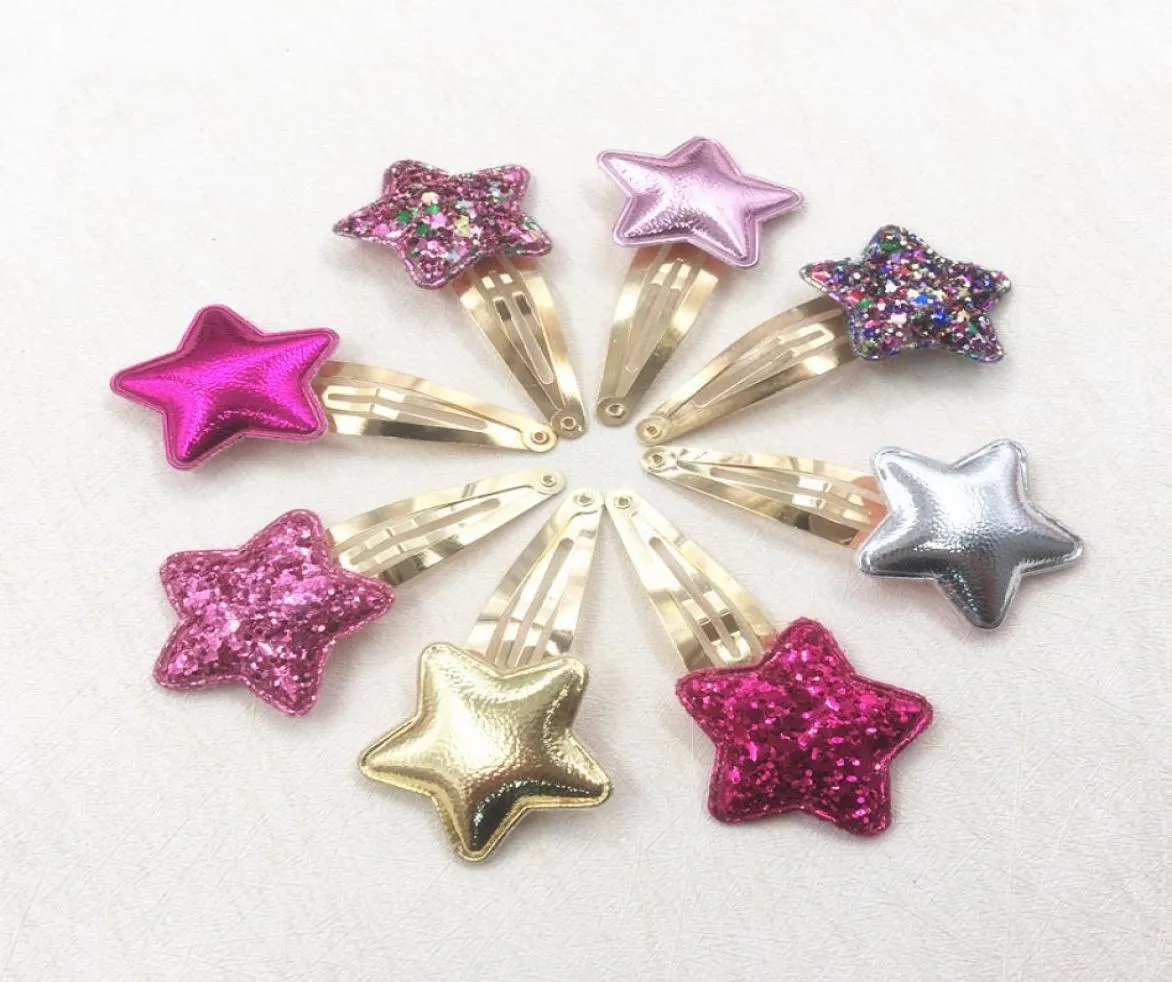 Hela 20 parskivor Fashion Cute Glitter Star Snap Clips Cartoon Pu Barrettes Hairpins Princess Headwear Boutique Hair Accessor3620786