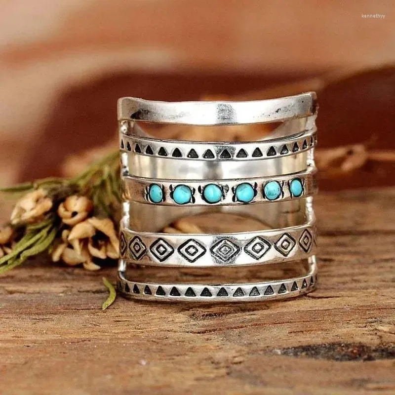 Cluster Rings Bohemian Carved Turquoise Ring Women Wide Band Vintage Layered Sliver Jewelry Gift For Girls 2024