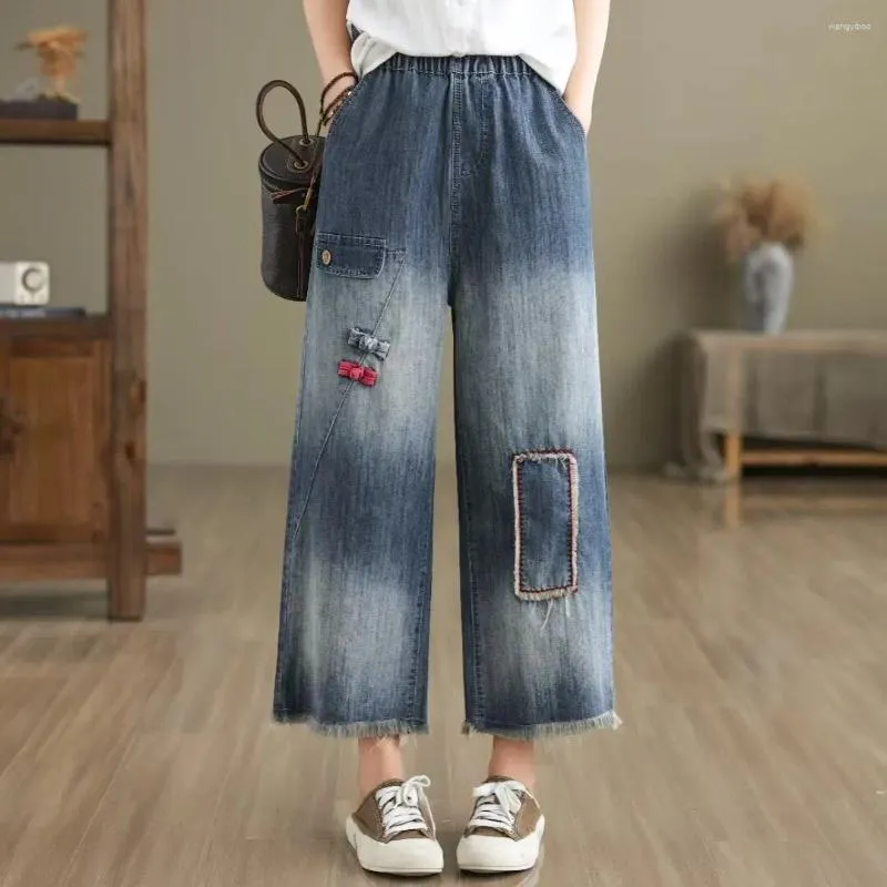 Jeans femminile aricaca donne ad alta vita con patch gamba larga pantaloni da ricamo m-2xl pantaloni in denim