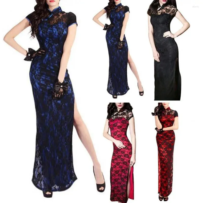 Ubranie etniczne Lady Qipao w stylu retro cheongsam elegancka chińska koronkowa vintage dwuwarstwowa podwójna wysoka rozłam Slim FIT dla kobiet