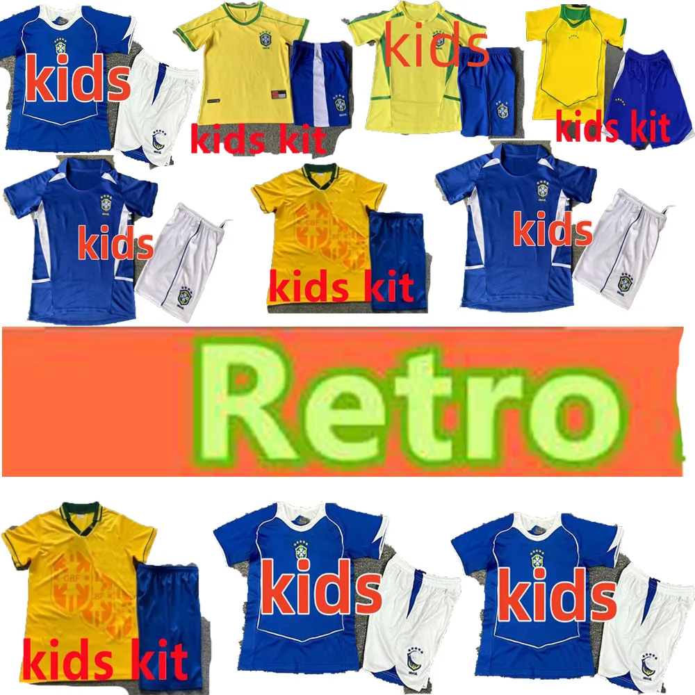 Kit per bambini di alta qualità 1994 1998 2002 2004 Brazll retrò maglia di calcio Ronaldo Romario Kaka Ronaldinho Rivaldo Maillot de Fucol R.Carlos Brazii Shirt calcistico brasiliano