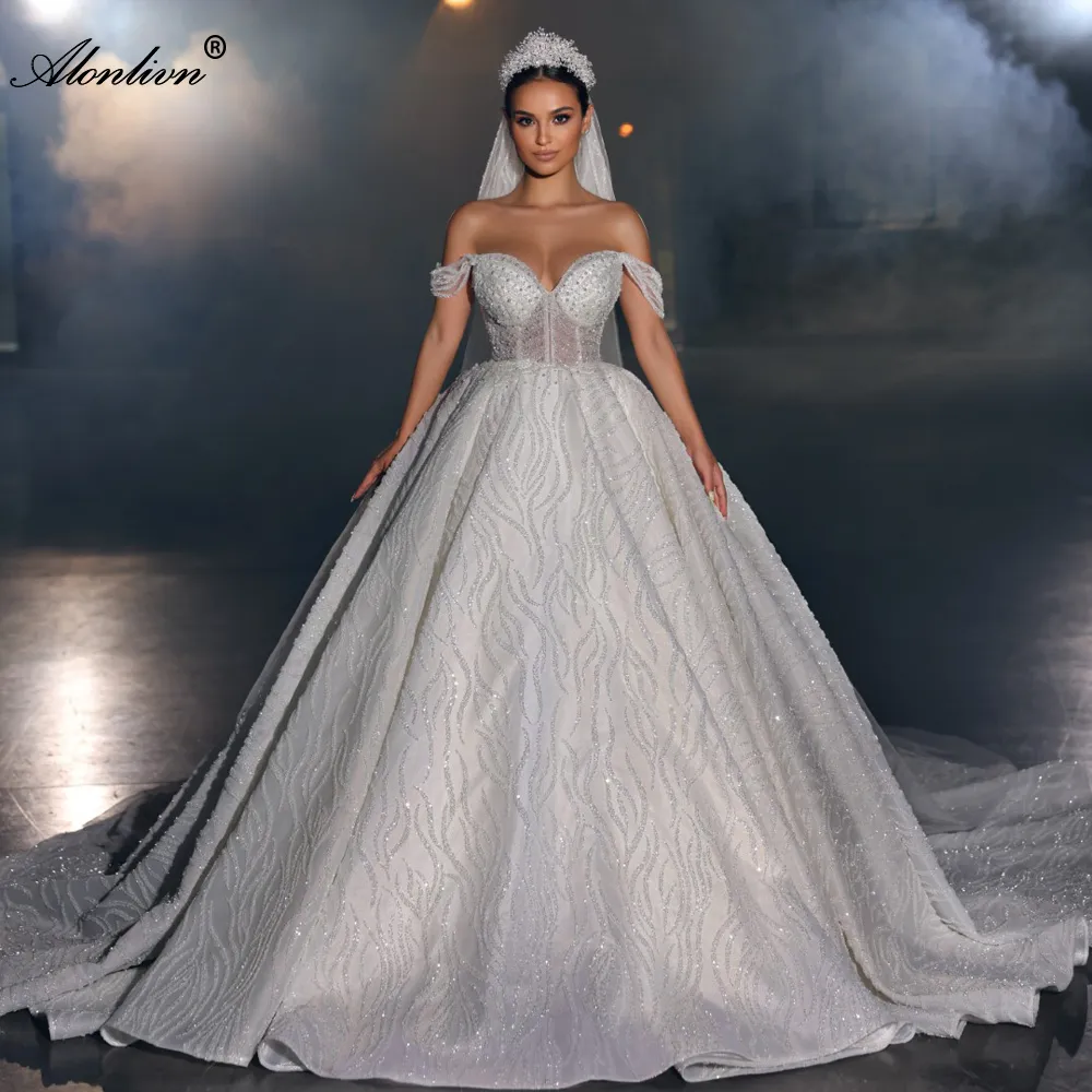 Luxury Beaded Ball Gown Wedding Dress with Pearls, Off-Shoulder Sleeves ...