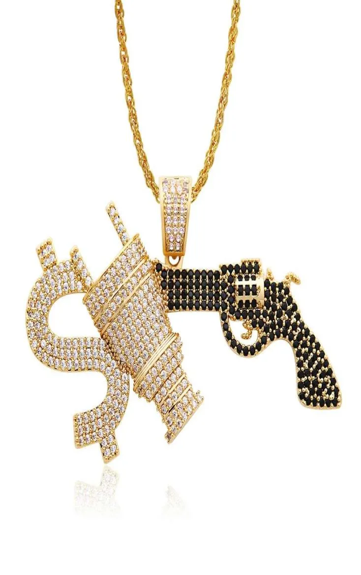Hip Hop Gun Diamonds Hangdoek kettingen voor mannen luxe geldplug ketting sieraden Gold vergulde koperen zwart witte zirkonen gouden cu7902937