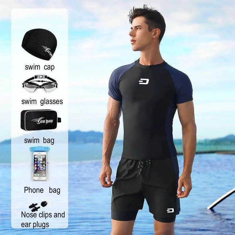 Men's Swimwear Men Sun Protection WaterProof Outdoor Sports Swim Shirt Trunks Bathing Glasses UPF50 Quick-Dry Athletic Beach Goggles Cap