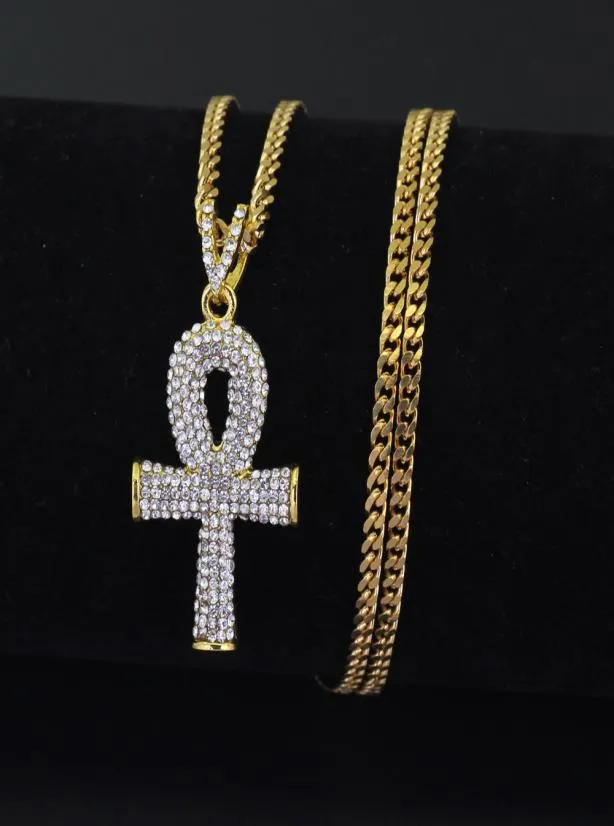Calco ankh d'oro gioielli egiziani hip hop pendente bling rhinestone chiave di cristallo per la vita collana argentata egiziana catena cubana 7187355
