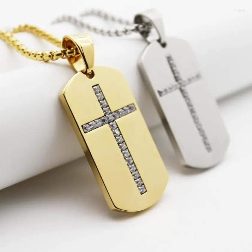 Pendant Necklaces Carved Square Stainless Steel Men's Fluted Crystal Cross Dog Tag Necklace Amulet Jewelry266h