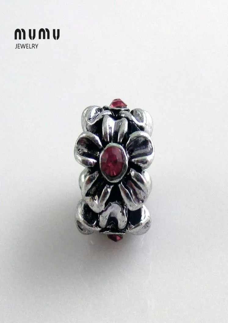 Wholesale Diy Jewelry Flower Charm Beads Silver Plated With Red Crystal Plum Loose Beads Fits European Charm Bracelets Free Shipping9635215