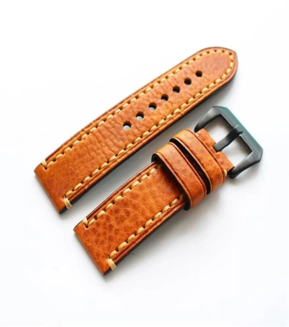 Titta på band 2021 Handgjorda män 20mm 22mm 24mm Brown Soft Calfskin Leather Strap Retro Classic Watchband Belt för Pam Big Strap241Y8749509