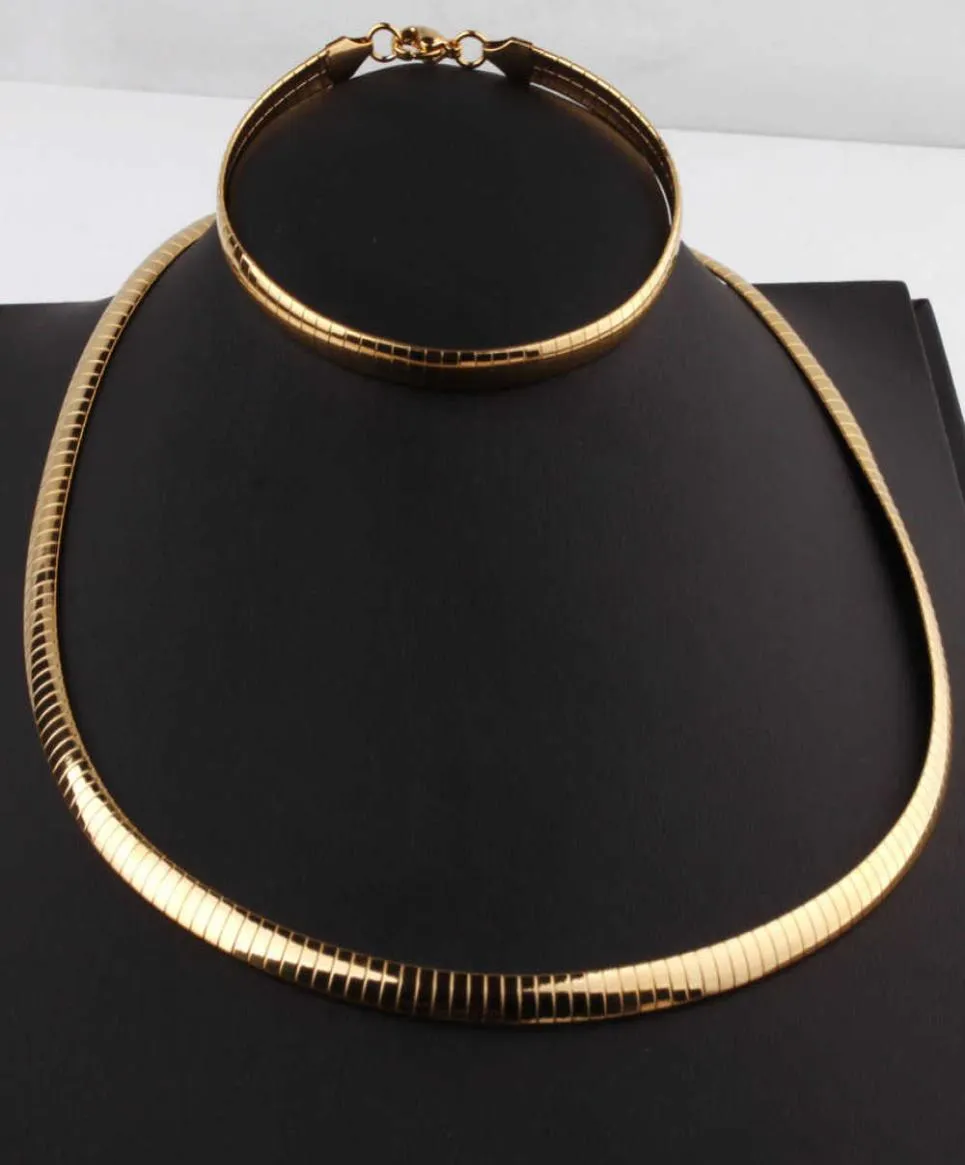 Women 6mm Collar Choker Necklace + Bangle Bracelet Jewelry Set Gold Stainless Steel Chain Necklace Bracelet 2107204840361