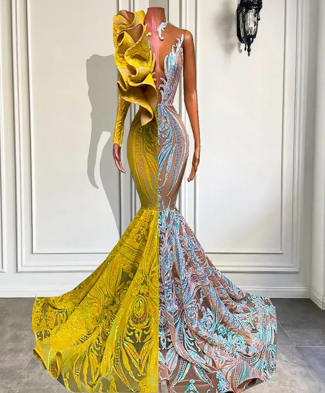 Aso Ebi Glitter Sequined Mermaid Prom Dresses Ruffles One Sleeve Long Evening Gowns African Black Girls Special Occasion Dress Pag3436972