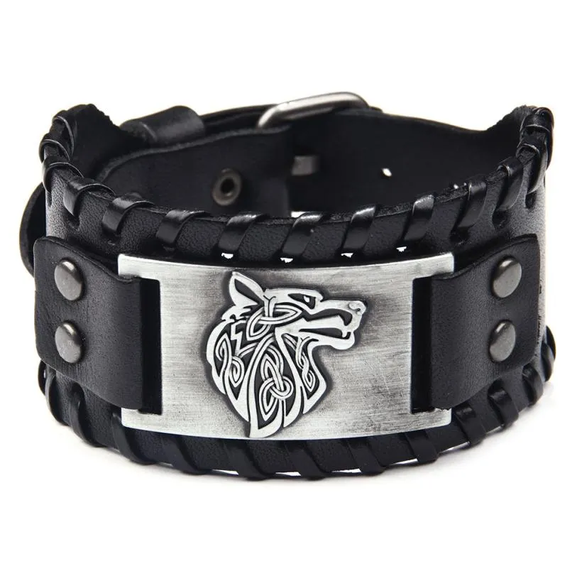 Wolf Head Mens Bracelets Vintage Homme Charm skóra retro szeroka stal nierdzewna szpilka klamry moda biżuteria 9185018