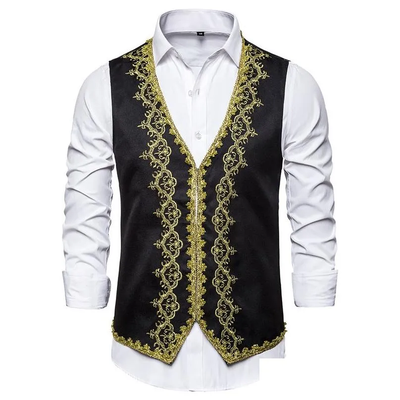 Giubbotti maschili da uomo elegante ricamo dorato oro barocco uomo slim fit prince nero gilet guscio dramma reggispio in costume drop consegna dhzwf