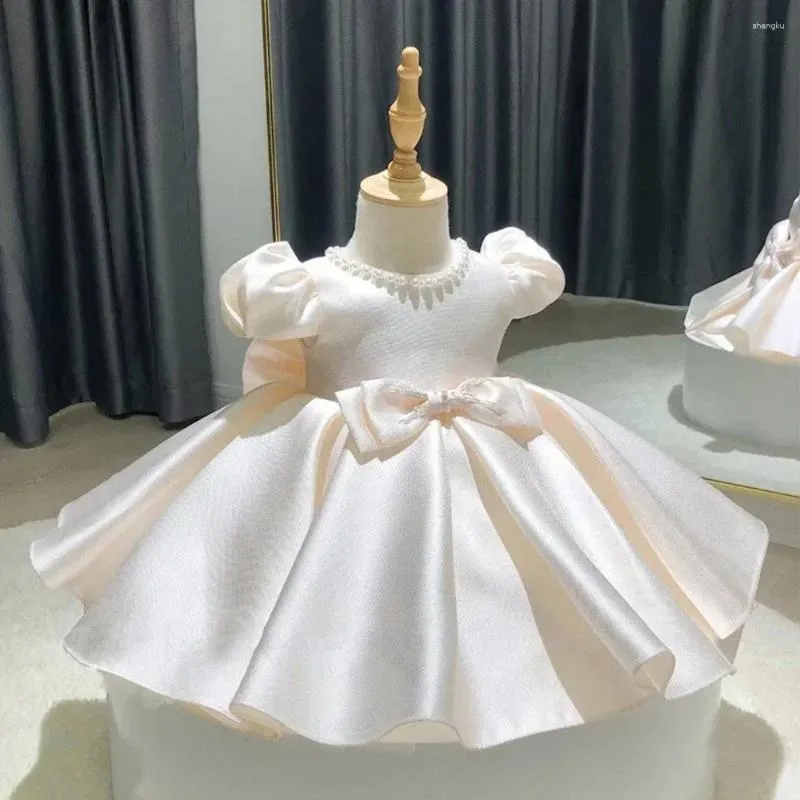 Flickklänningar Champagne Satin Party Dress Beading Kids Elegant For Girls Princess Clothes Luxury Birthday Gown Baby Vestidos 1-8y