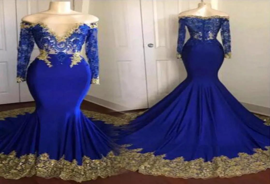 Sexig billig Royal Blue Prom Dress Plus Size Dresses Guldapplikationer Vestidos de Fiesta Long Sleeve Prom Dresses3076825