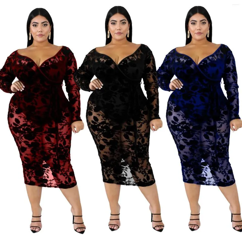Casual Dresses Fat Woman Sexig V-ringad spetsklänning