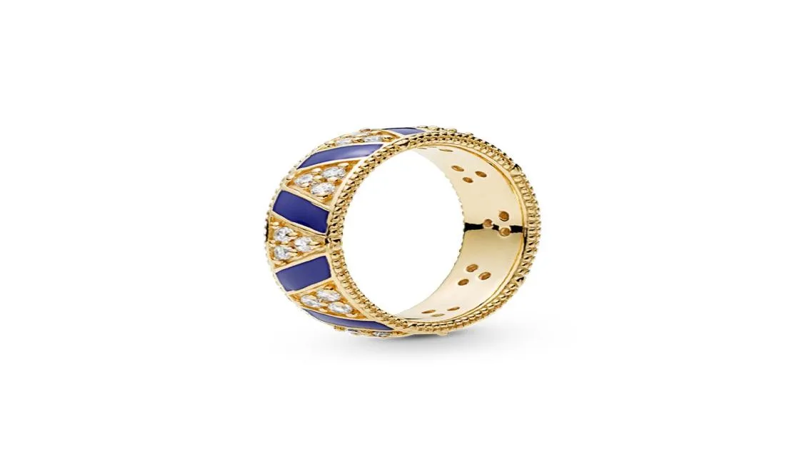Новый 18 -километровый кольцо с желтым золотом, оригинальная коробка для 925 Silver Blue Stripes Ring Ring Women Женщины мужские украшения кольцо 9613606