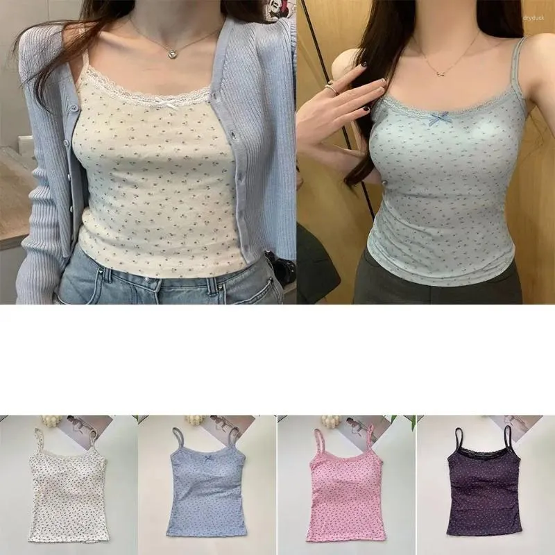 Camisoles Tanks Elegante Spitzenblumendruck Camis 2024 Blumentimen Y2K Short Tank One Size Camisole Sexy Weste Frühling