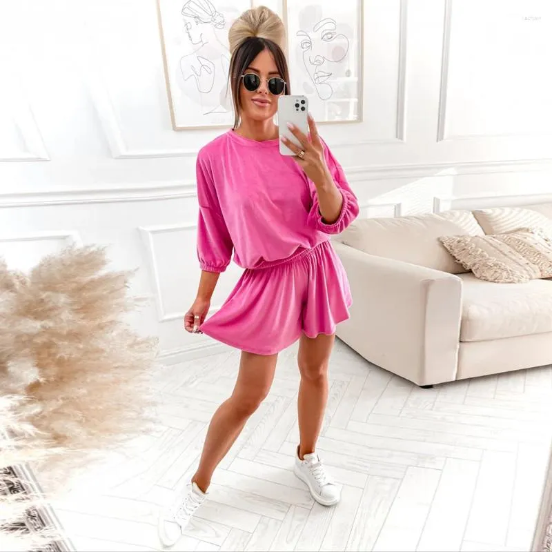 Women's Tracksuits 2024 Women Tops And Short Two Pieces Set Elegant Solid Half Sleeve Velvet Sports Suit Ladies Summer Fashion Elastic Waist