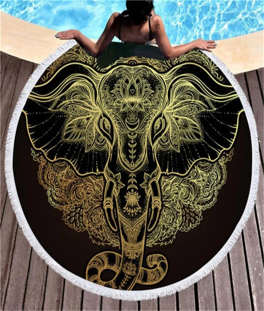 Elephant Bohemian Tassel Tapestry Black 150cm Round Beach Towel Large for Adults Microfiber Toalla Absorbent Blanket Mats1827853