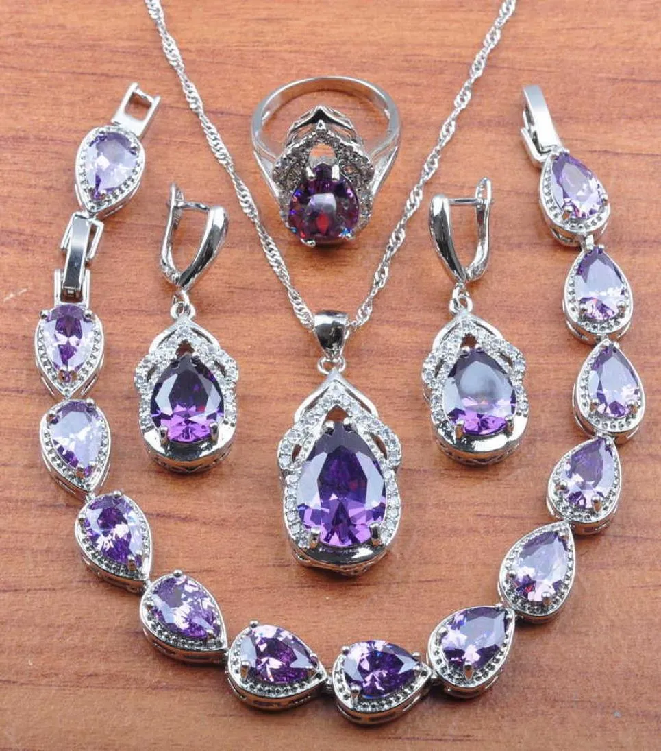 Wedding Jewellry Natural Purple Crystsilver Color Bijoux Set Femmes Boucles d'oreilles Collier PENDANT RING BRACELET JS0306 H10222594067