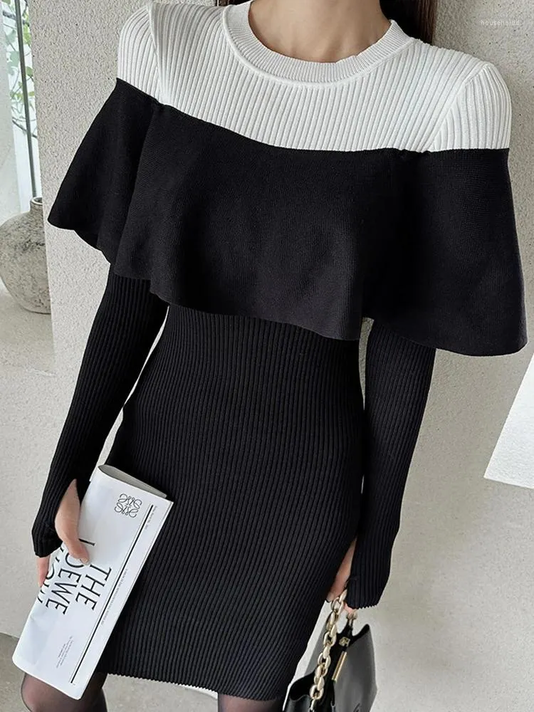 Casual Dresses Autumn Winter Knitted Black And White Splicing For Women Ladies Sweater Skinny Dress Mujer Vestidos Stretchy Clothes