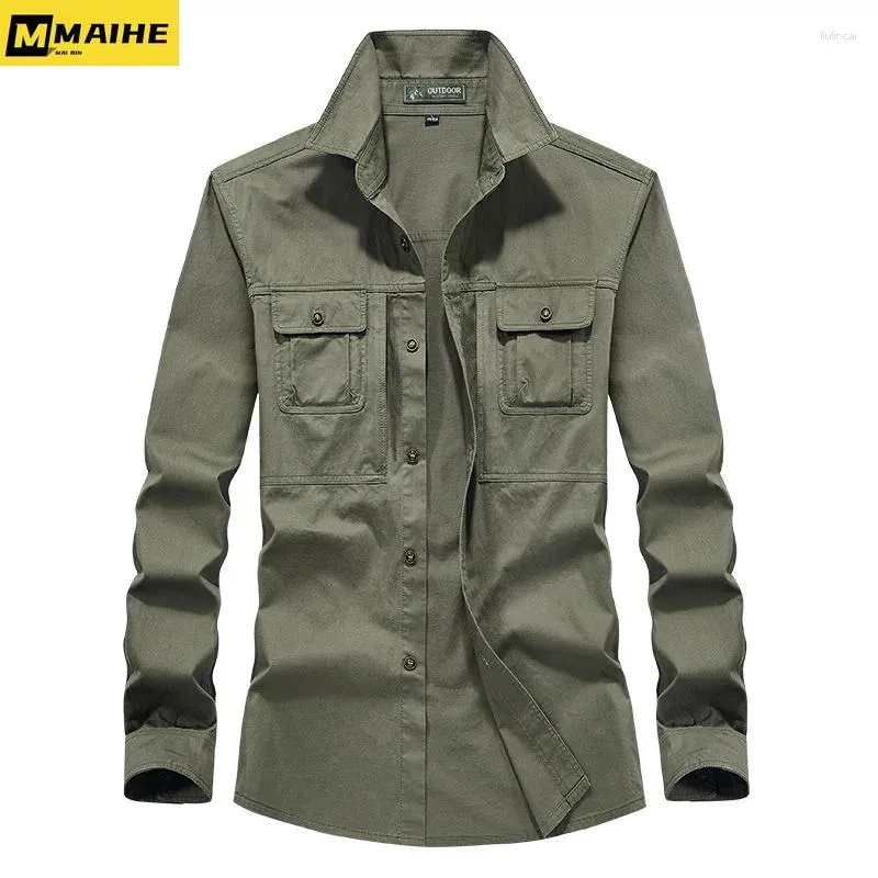 Men's Casual Shirts Brand Cotton Shirt Retro Tactical Multi-Pocket Work Clothes Vintage Army Green Denim Coat Fashion Clothing