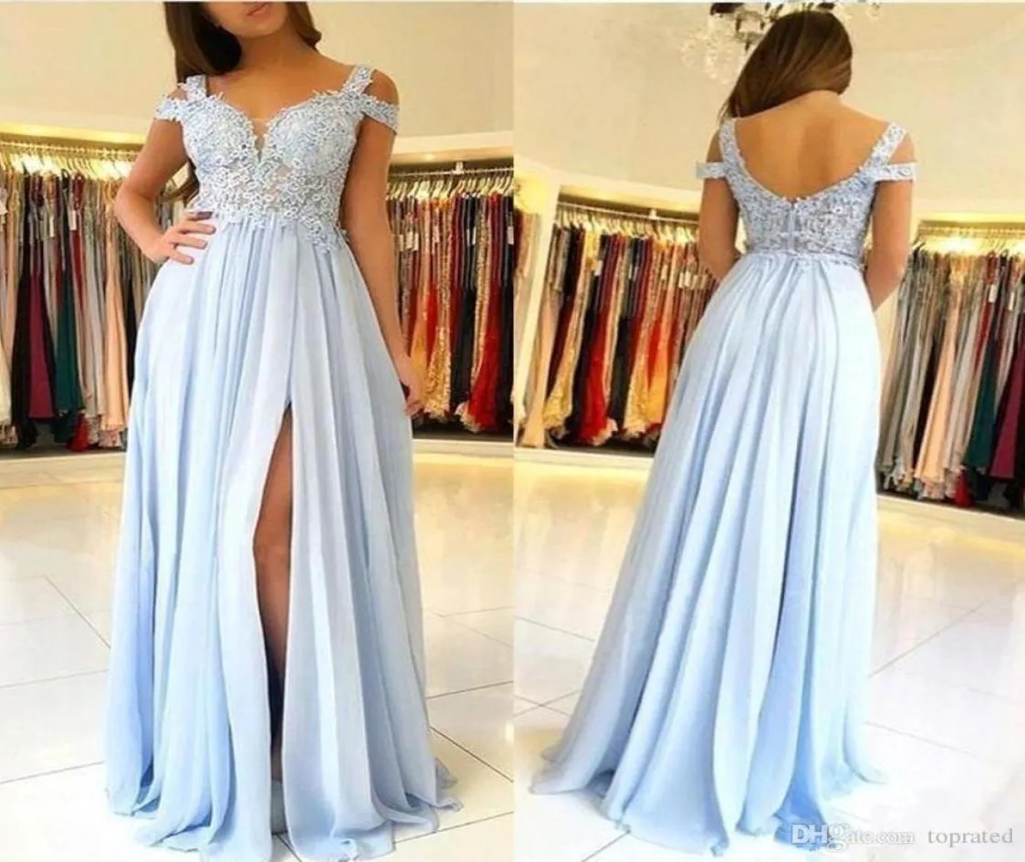 Sky Blue A Line Appliqued Strapless Prom Dress with Slit