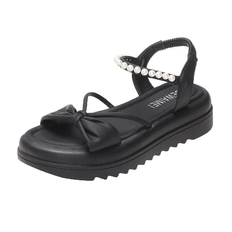 Simple blanc avec plate-forme perle sandales féminines décontractées d'été Nouveau étudiant de style fée, chaussures de plage romaine rond pour les femmes pantoufles A090