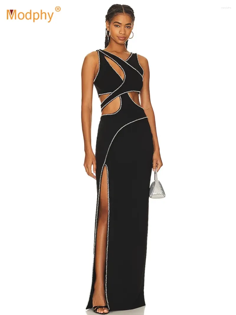 Casual Dresses Sexy Sleeveless Hollow Out Pearl Beading Long Dress Women Black V Neck Side Slit Bodycon Evening Party Celebrity Gowns
