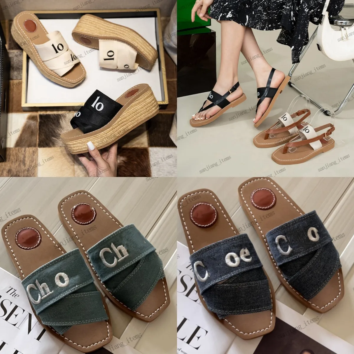 Woody Sandals för kvinnors damer bokstäver tyg canvas mules låga klackar mode lyxiga damer sommaren casual skor tofflor chioe trä glid broderad denim ny