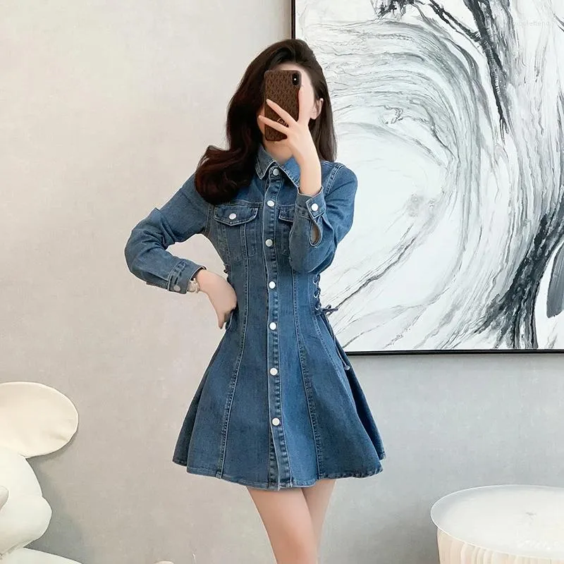 Casual Dresses Chic Fashion Spring Denim Shirt Dress 2024 Sweet Women Lapel Single Breasted Lace Up Slim Waist Pockets Short Cowboy Clothes