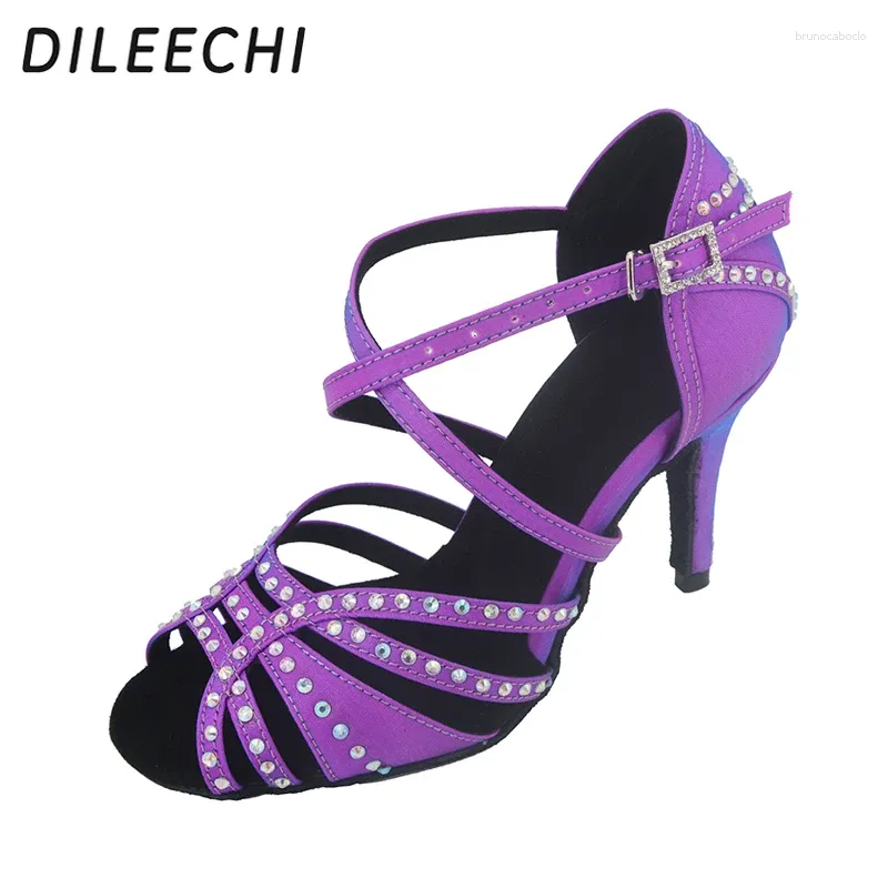 Chaussures de danse Dileechi Latin strassons violet flash satin fête salsa salon danse haut talon mince 8,5 cm