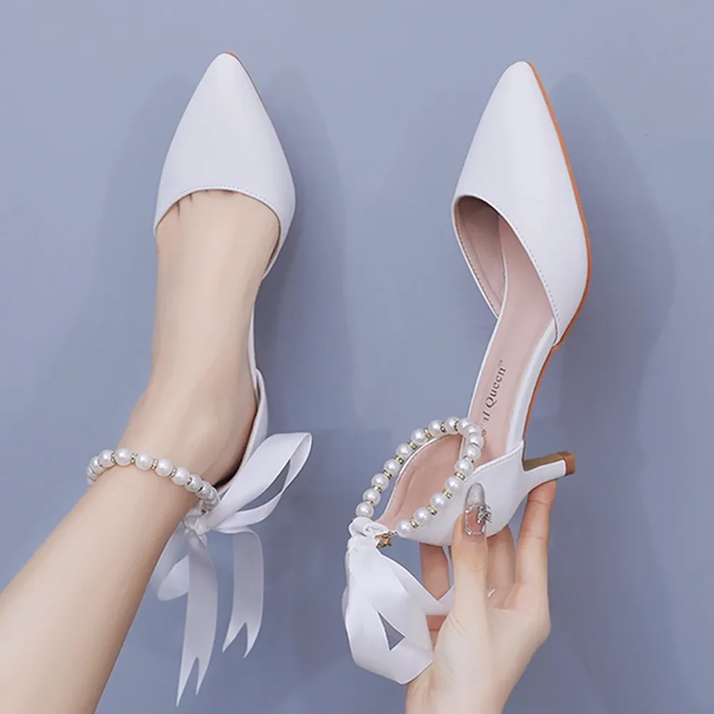 نيو نساء من الخنائيات Whitepearl Ribbon Dress Shoes Party 5cm High Heels Alegant White Pumps