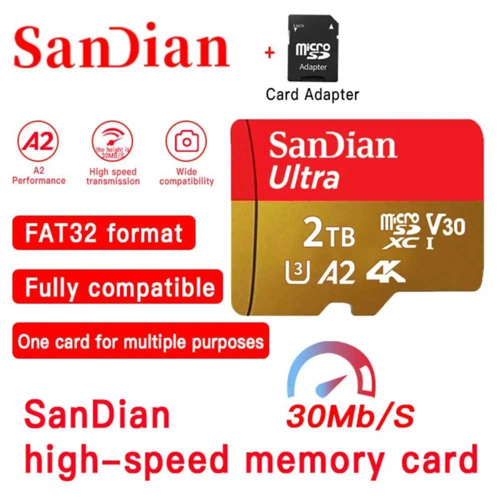 Kaarten San Dian Original 2TB Flash Card Memory SD -kaart 1 TB SD -kaart SD/TF -kaart 4K 30MB/S TF -geheugenkaart + kaartlezer voor telefoon/computer