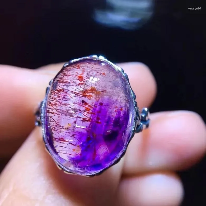 Clusterringen Natuurlijk Purple Super Seven 7 Red Lepidocrociet Quartz Verstelbare ring 17,5/12,8 mm Oval Rutilated Women Men Sieraden