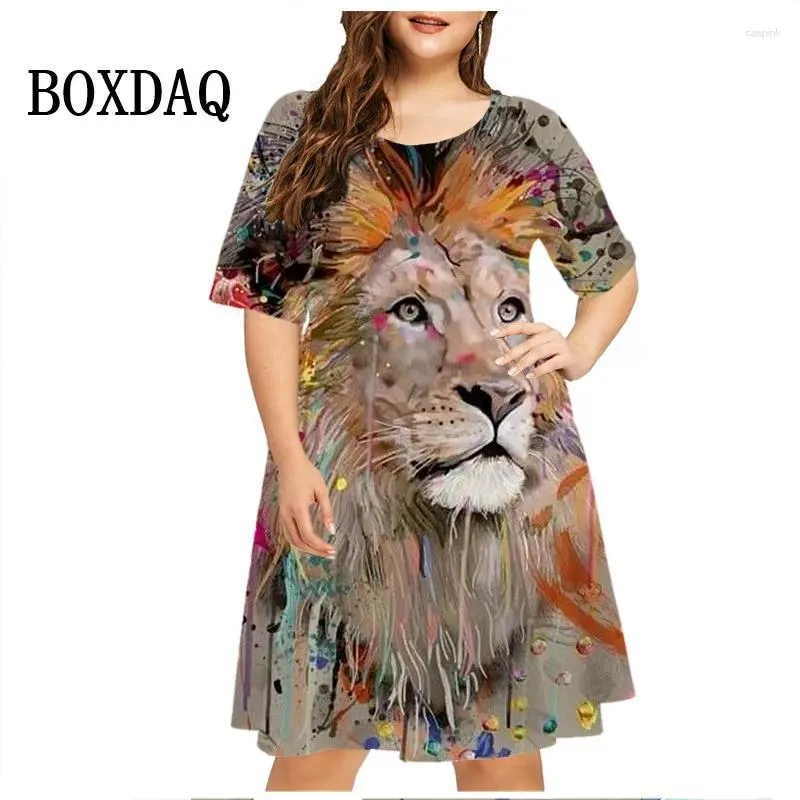 Casual Dresses 2024 Summer Women's Dress Tie Dye Lion Print Short Sleeve Oversized Retro Y2k Clothing Harajuku Female Vestidos