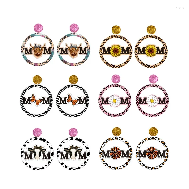 Boucles d'oreilles en pente 2024 pour la fête des mères creuses rondes tournesol marguerite papillon léopard vache rayé maman yak billes d'oreille