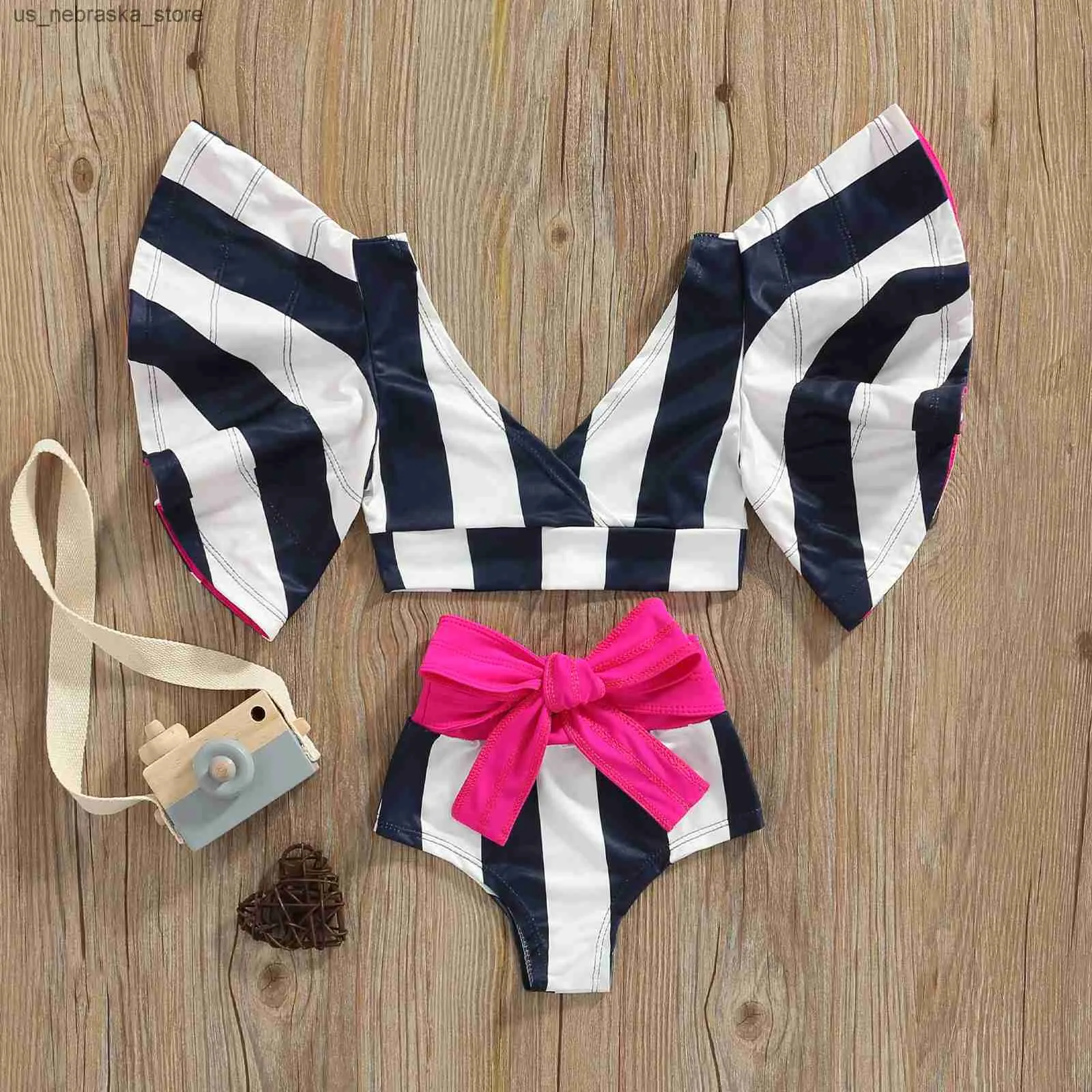 Uno de un traje de baño de dos piezas de dos piezas Lemón/Starfish/Striped Pocket Swimsuit Top+Shimsuit de cintura alta Q240418