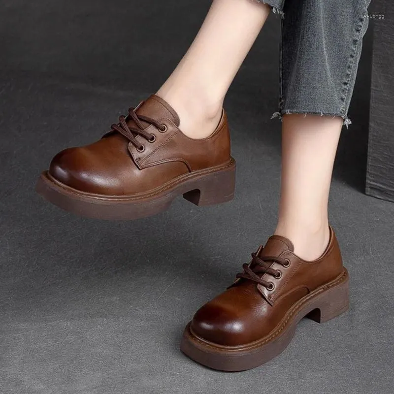 Dress Shoes Yoursseason Echt lederen Vintage Ladies-platform Autumn Spring Dikke Soled Lace-Up Women Comfortabele pompen Round Toe