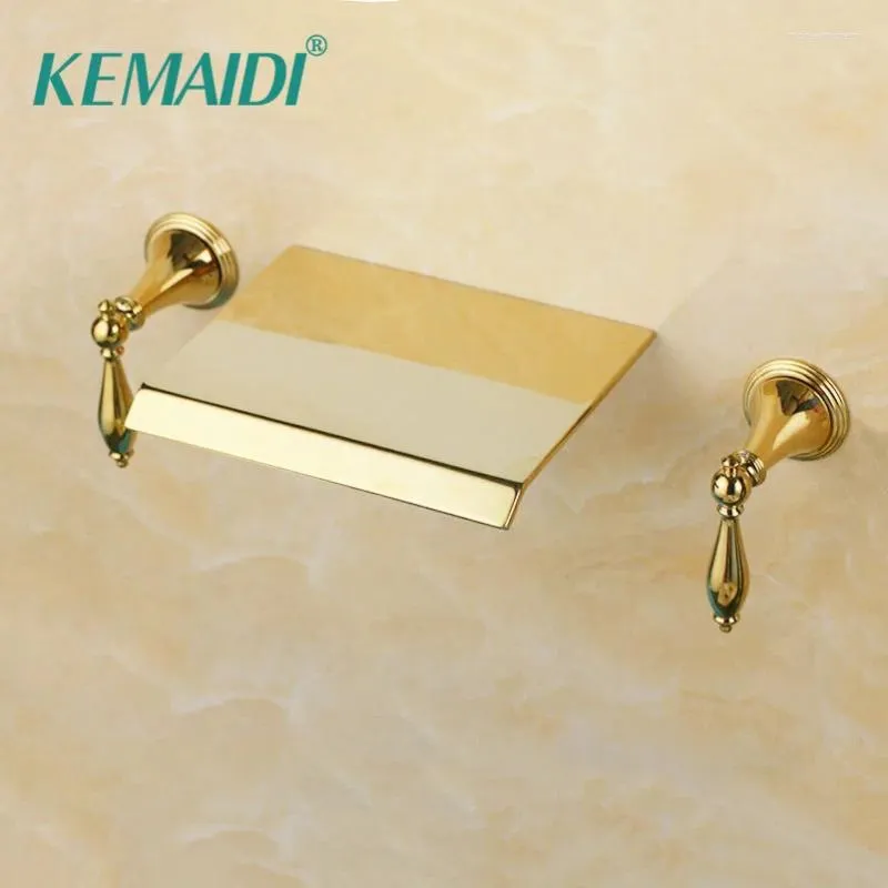 Bathroom Sink Faucets KEMAIDI 3 Pieces Set 2 Handles Golden Plated Bathtub Gold Faucet Deck Mounted Basin Mixer Tap