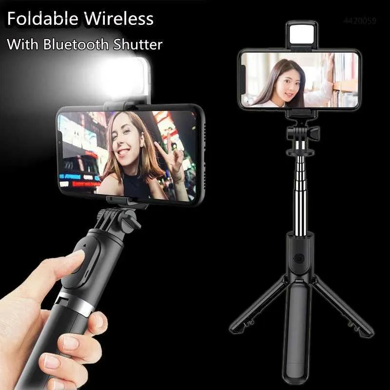 Selfie Monopods Roreta Foldbar Wireless Bluetooth Selfie Stick Phone Holder Dractable Multifunktionellt stativ med avlägsen slutare Selfie Light Y240418