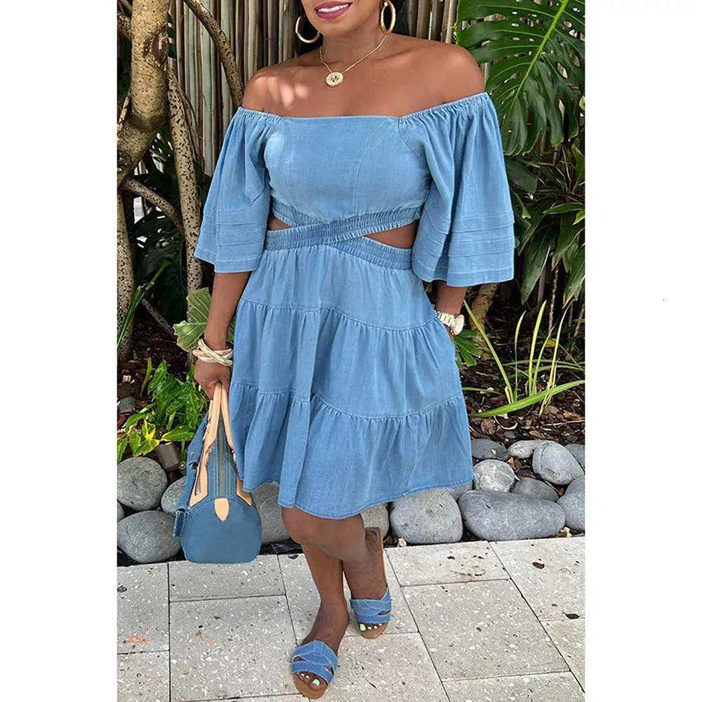 Plus Size Blue Daily Denim Off Shoulder Hollowed Out With Pocket Midi Dresses 240411